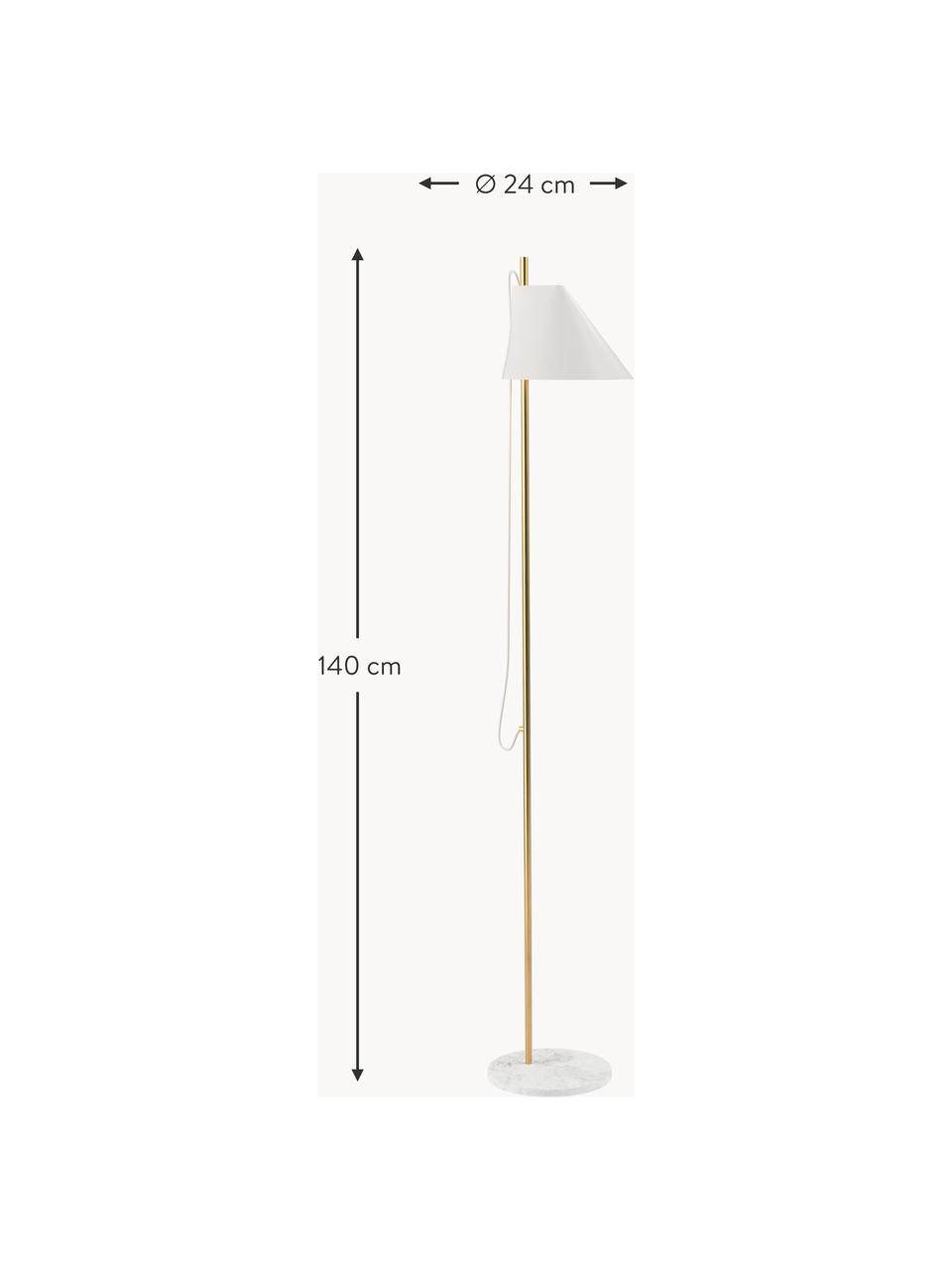Lampada da terra a LED con luce regolabile e timer Yuh, Paralume: alluminio laccato, Struttura: ottone spazzolato, Bianco marmorizzato, ottone, Alt. 140 cm