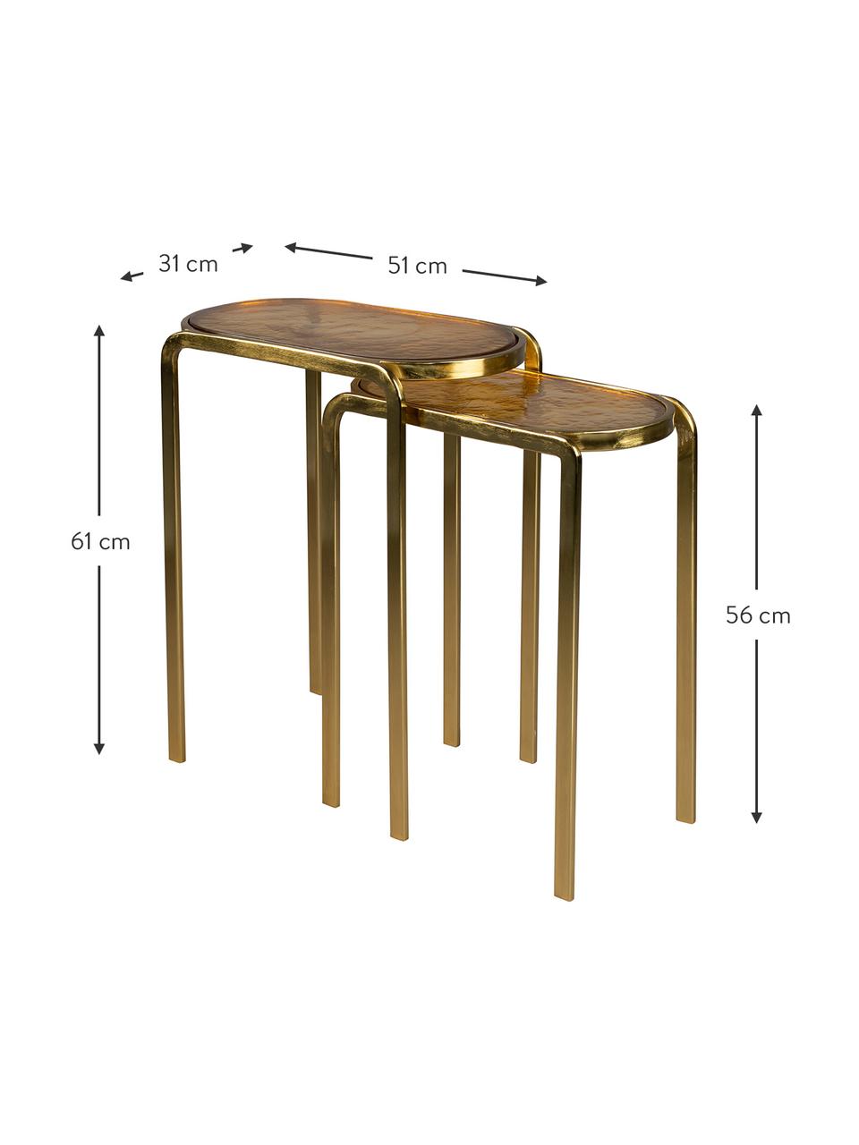 Komplet stolików pomocniczych z antycznym wykończeniem, 2 elem., Blat: szkło hartowane powlekane, Stelaż: aluminium lakierowane, Odcienie mosiądzu, Komplet z różnymi rozmiarami