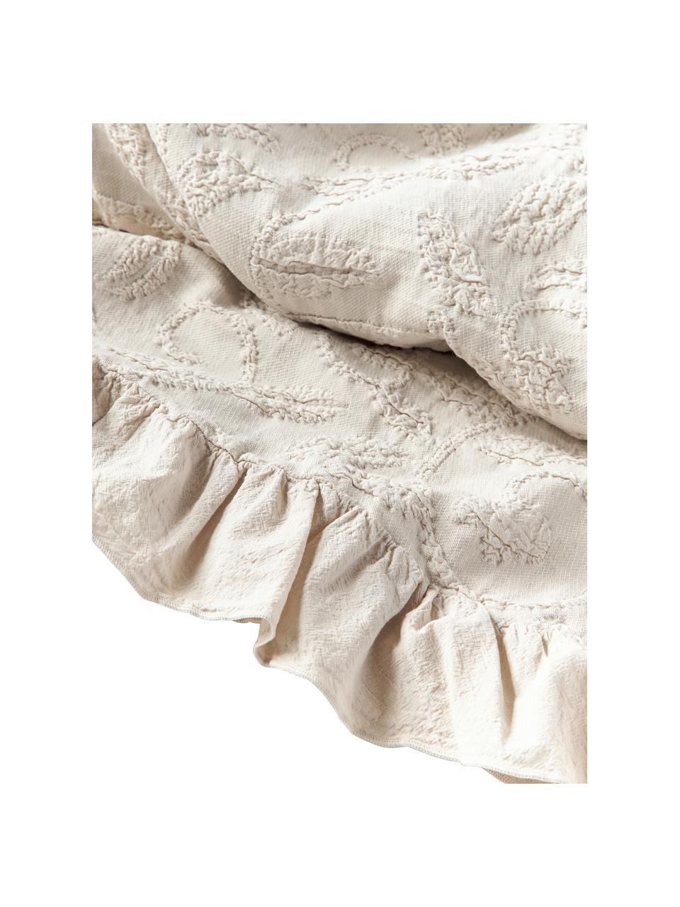 Plaid coton texturé à volants et motif floral Clara, 99 % coton, 1 % élasthanne, Beige, larg. 180 x long. 250 cm