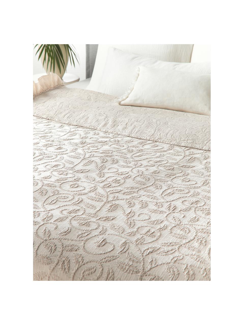 Plaid coton texturé à volants et motif floral Clara, 99 % coton, 1 % élasthanne, Beige, larg. 180 x long. 250 cm