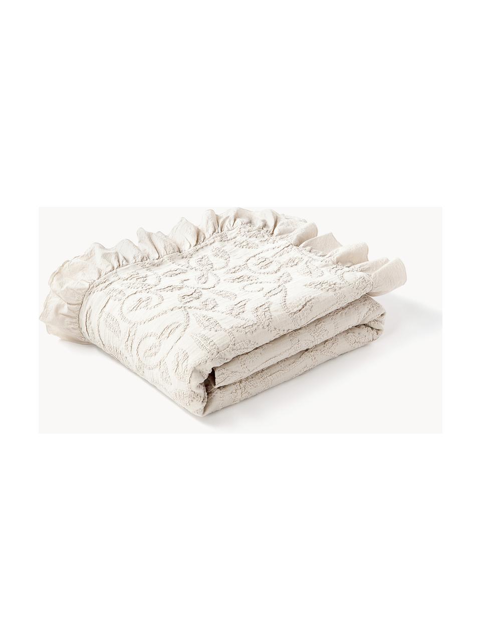 Strukturovaný pléd z bavlny s volány a květinovým vzorem Clara, 99 % bavlna, 1 % spandex, Světle béžová, Š 230 cm, D 250 cm