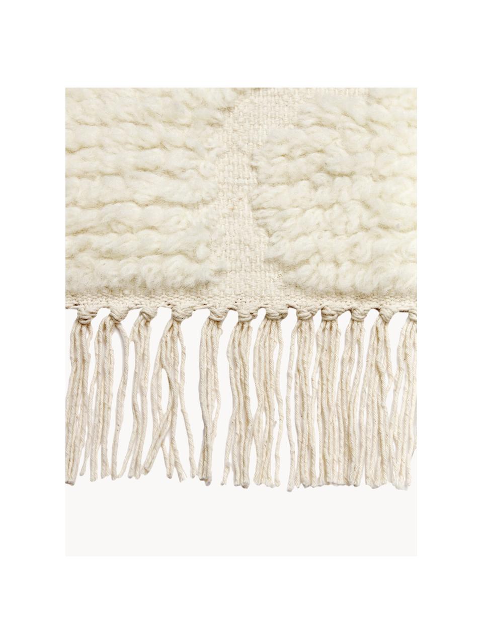 Tapis moelleux à poils longs à franges, tufté main Bayu, 84 % laine, 16 % coton

Les tapis en laine peuvent perdre des fibres lors des premières semaines et des peluches peuvent se former, ce phénomène est naturel et diminue à mesure de votre usage et du temps, Blanc crème, larg. 80 x long. 150 cm (taille XS)