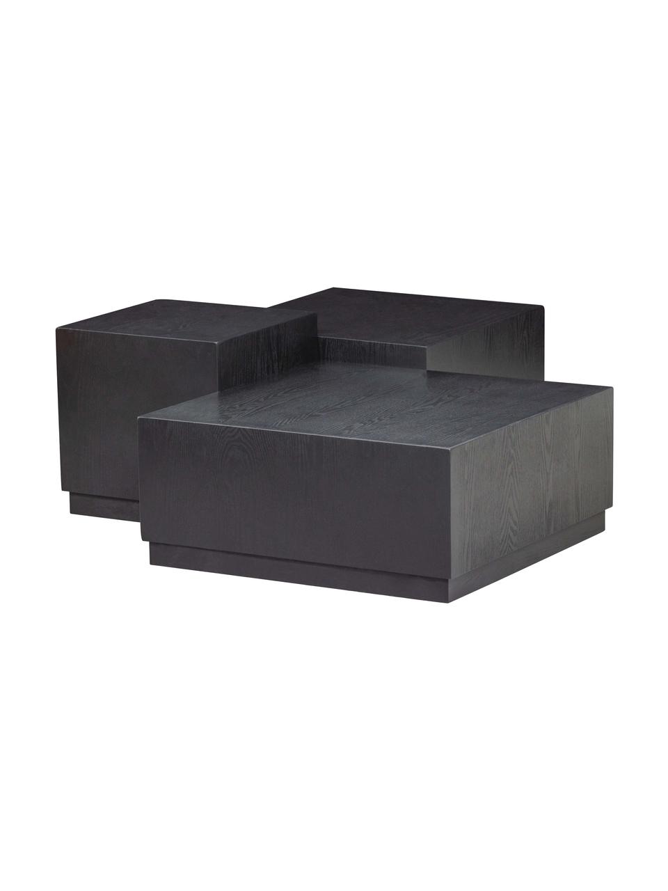 Table d'appoint en bois avec rangement Pim, 3 élém., Bois de frêne, MDF (panneau en fibres de bois à densité moyenne), enduit, Noir, Lot de différentes tailles