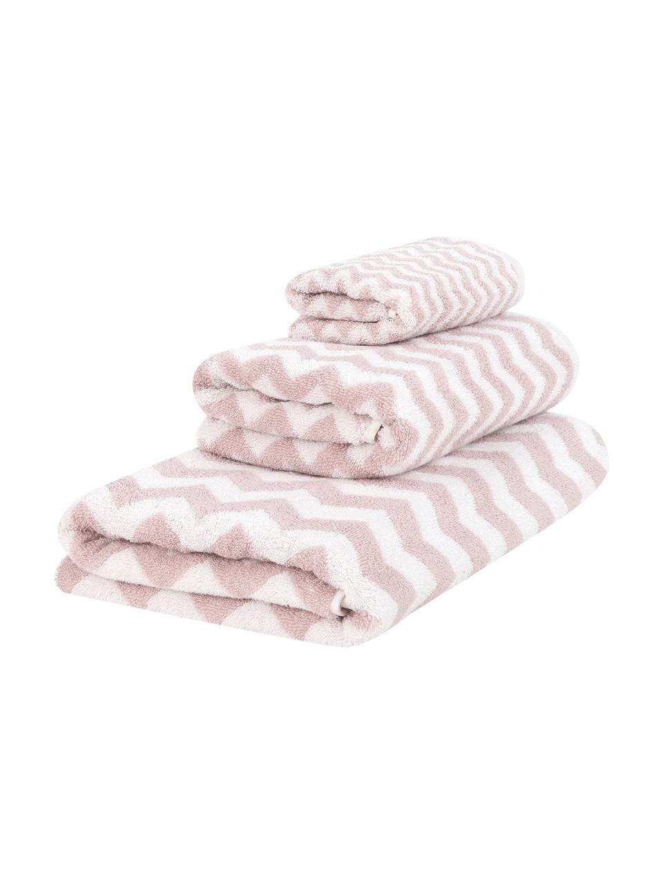 Set de toallas en zigzag Liv, 3 uds., Rosa, blanco crema, Set de diferentes tamaños