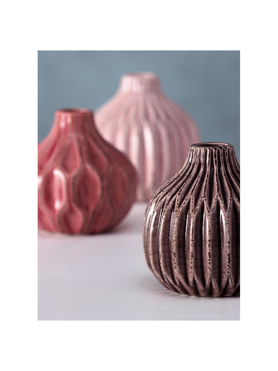 Kleines Vasen-Set Lenja aus Steingut, 3-tlg., Steingut, Rosa, Koralle, Braun, Ø 11 x H 11 cm