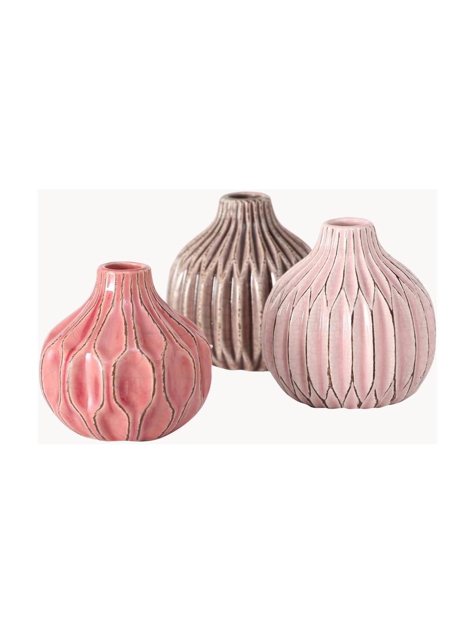 Kleines Vasen-Set Lenja aus Steingut, 3er-Set, Steingut, Rosa, Koralle, Braun, Ø 11 x H 11 cm