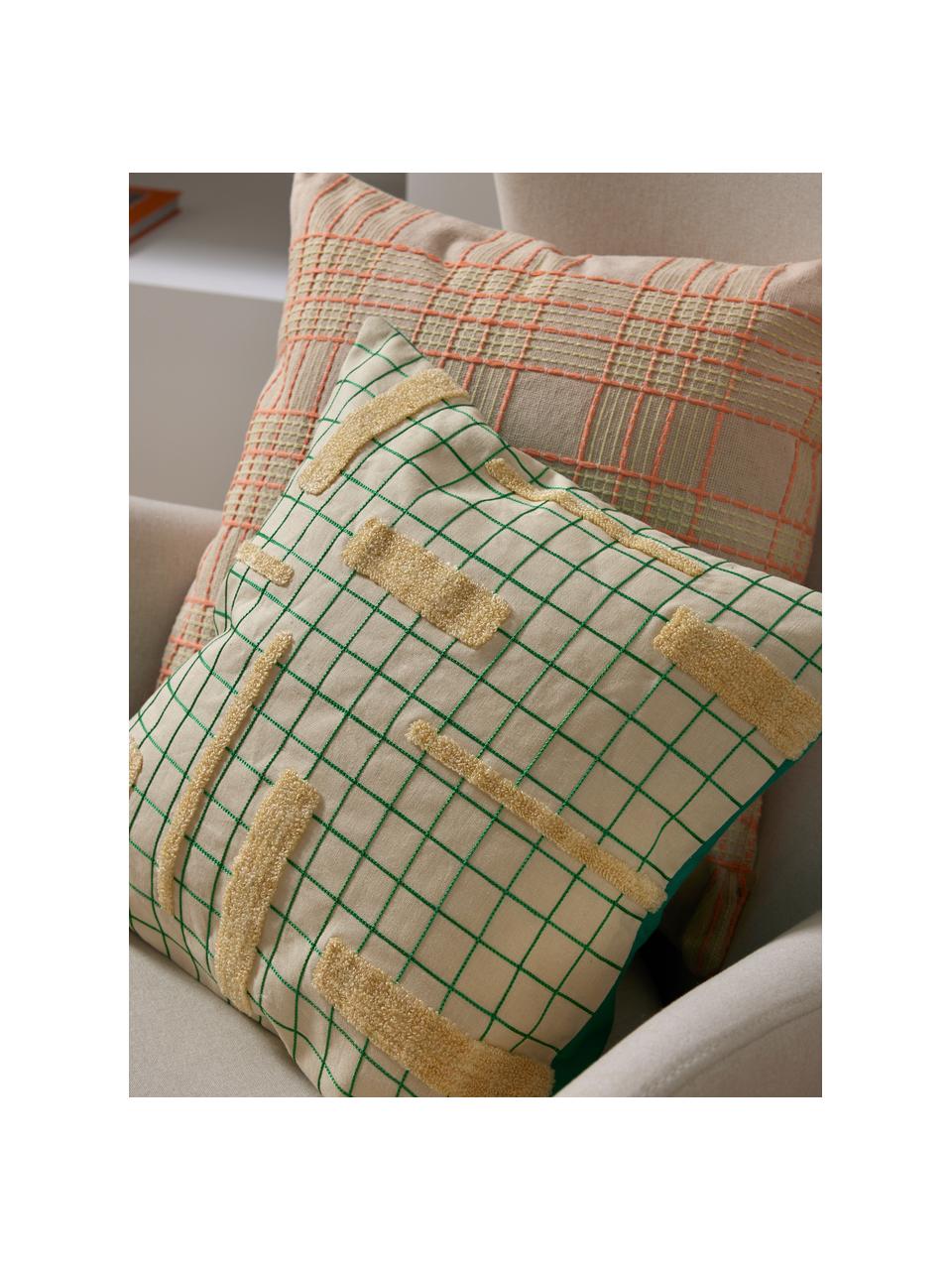 Housse de coussin à carreaux et détails décoratifs Wade, 100 % coton, Couleur crème, vert, larg. 40 x long. 40 cm