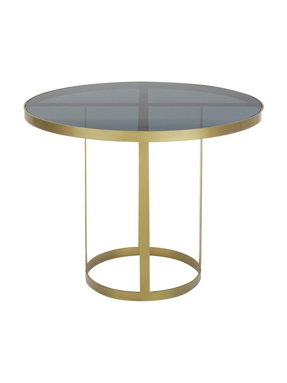 Tavolo rotondo in vetro con struttura dorata Marika, Ø100 cm, Struttura: metallo verniciato, Piano d'appoggio: vetro colorato, Dorato, trasparente, Ø 100 x Alt. 76 cm