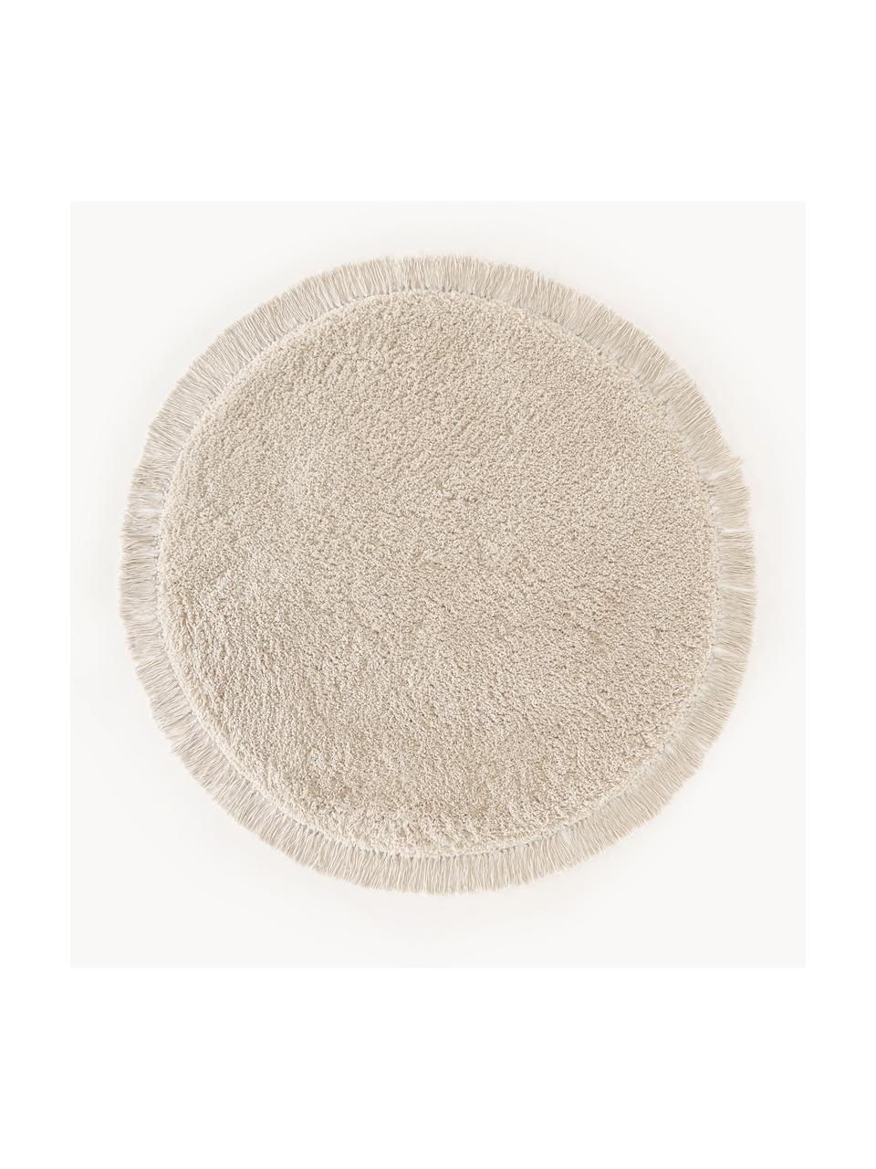 Pluizig rond hoogpolig vloerkleed Dreamy met franjes, Onderzijde: 100% gerecycled polyester, Beige, Ø 150 cm (maat M)