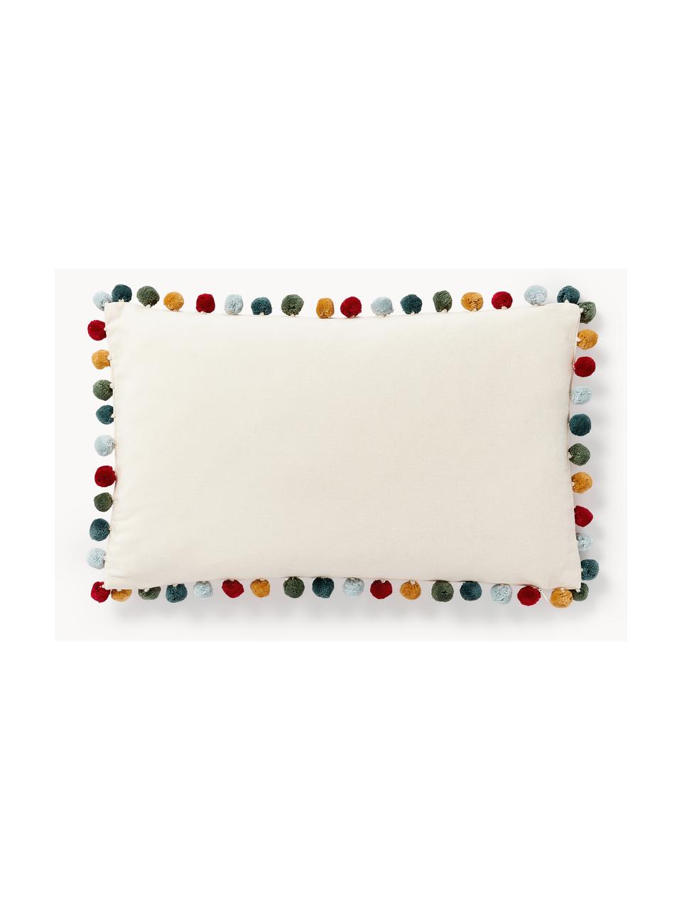 Copricuscino con motivo invernale e pompon Neva, 100% cotone, Bianco latte, multicolore, Larg. 30 x Lung. 50 cm