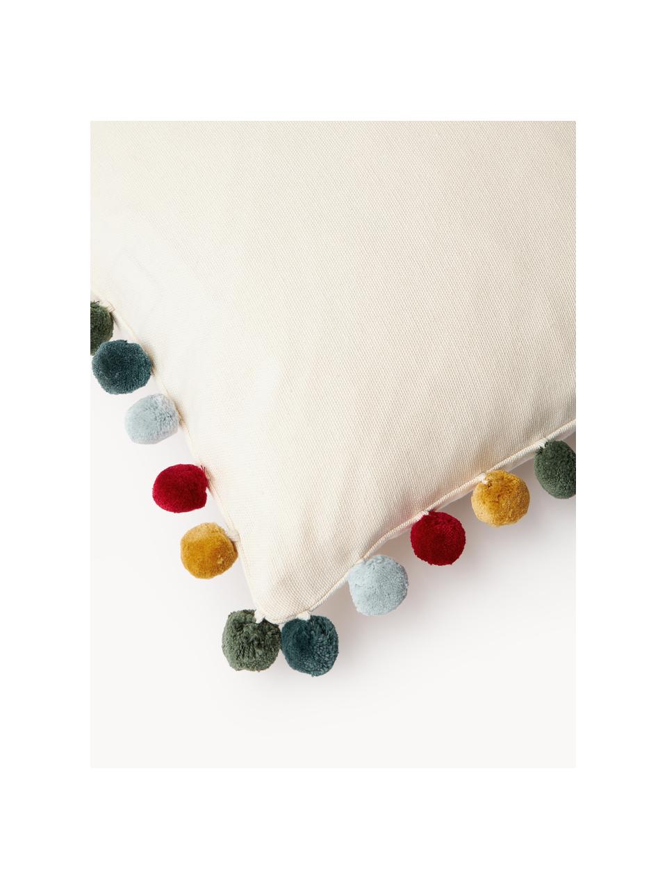 Housse de coussin rectangulaire avec pompons Neva, 100 % coton, Blanc cassé, multicolore, larg. 30 x long. 50 cm