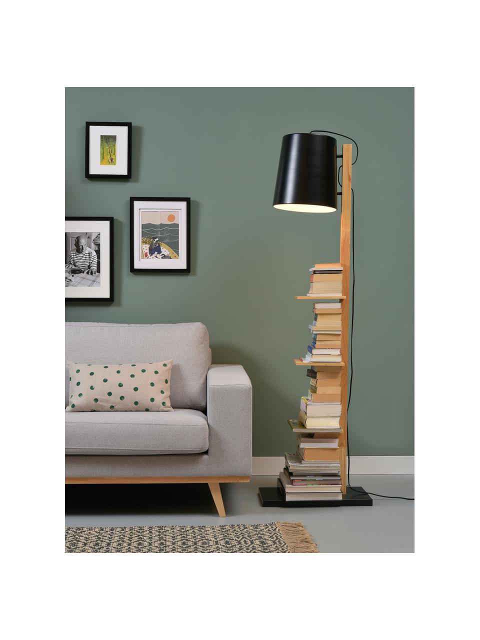 Leeslamp Cambridge met planken van hout, Lampenkap: gepoedercoat metaal, Frame: hout, Lampvoet: gepoedercoat metaal, Zwart, houtkleurig, 38 x 168 cm