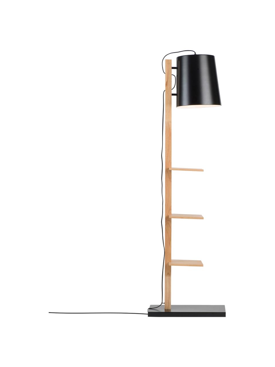 Leeslamp Cambridge met planken van hout, Lampenkap: gepoedercoat metaal, Frame: hout, Lampvoet: gepoedercoat metaal, Zwart, houtkleurig, 38 x 168 cm