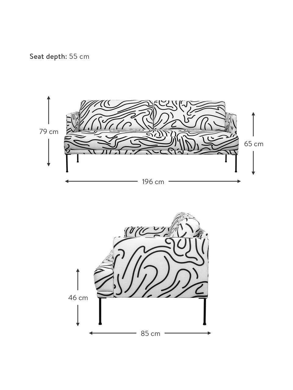 Gemustertes Sofa Fluente (3-Sitzer) mit Metall-Füssen, Bezug: 100% Polyester Der hochwe, Gestell: Massives Kiefernholz, Webstoff Weiss/Schwarz, B 196 x T 85 cm