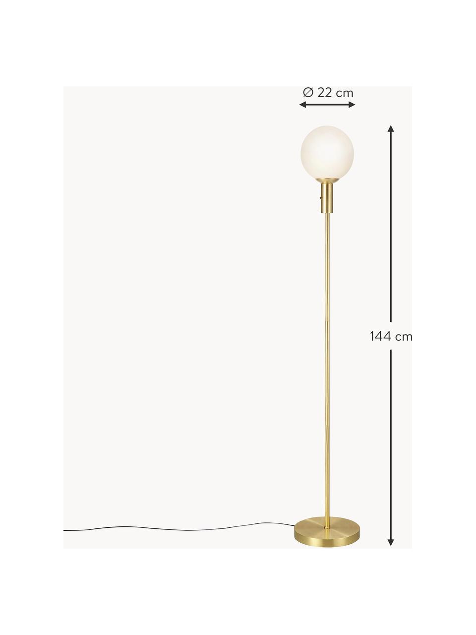 Stehlampe Minna aus Opalglas, Lampenschirm: Opalglas, Lampenfuß: Metall, vermessingt, Goldfarben, Weiß, H 144 cm