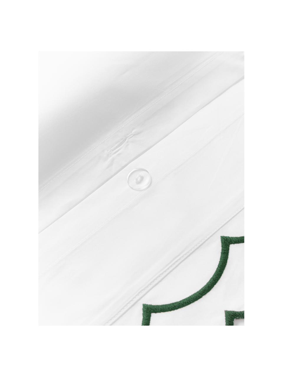 Copripiumino in cotone percalle con bordino ricamato ondulato Atina, Bianco, verde scuro, Larg. 200 x Lung. 200 cm