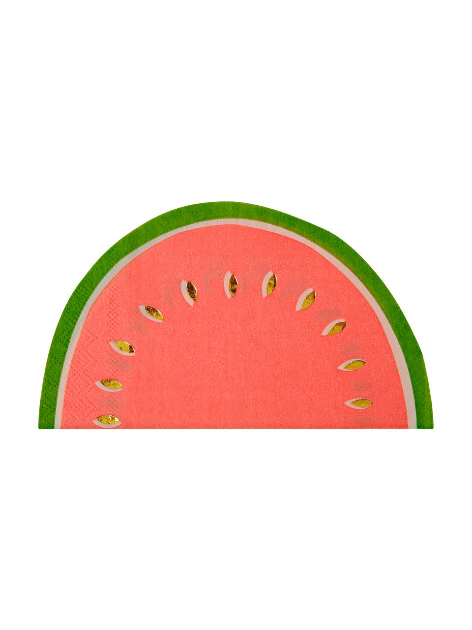 Papieren servetten Watermelon, 16 stuks, Papier, Rood, groen, goudkleurig, 20 x 17 cm