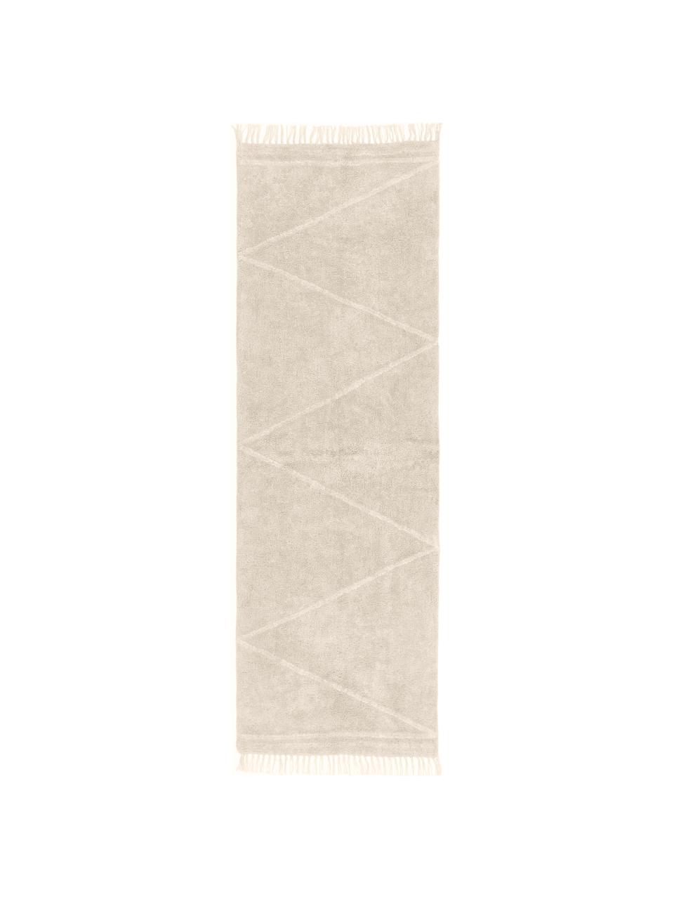 Handgetufte katoenen loper Asisa met zigzag patroon en franjes, Beige, B 80 x L 250 cm