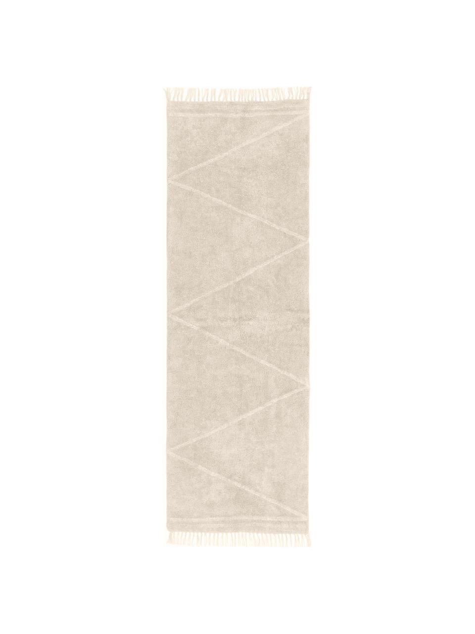 Passatoia in cotone taftata a mano con motivo a zigzag e frange Asisa, Beige, Larg. 80 x Lung. 250 cm