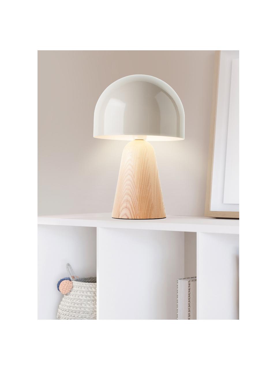 Kleine tafellamp Nalam, Lampenkap: gecoat metaal, Lampvoet: hout, FSC-gecertificeerd, Lichtbeige, helder hout, Ø 20 x H 31 cm