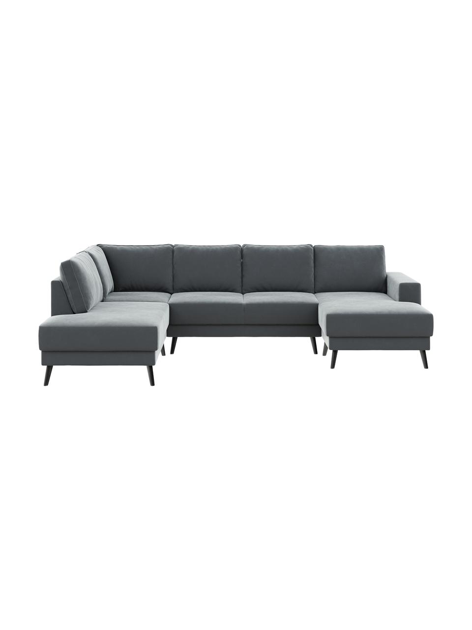 Sofa narożna XL z aksamitu Fynn (5-osobowa), Tapicerka: 100% aksamit poliestrowy , Nogi: drewno lakierowane, Aksamitny stalowy szary, S 306 x G 200 cm, lewostronna