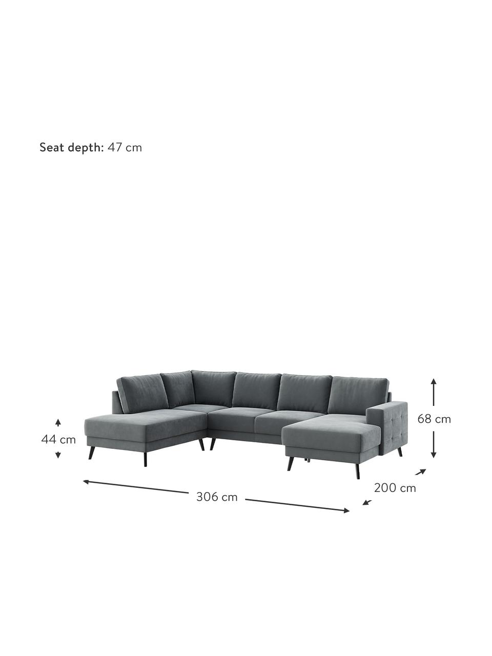 Divano angolare 5 posti in velluto grigio acciaio Fynn, Rivestimento: 100% velluto di poliester, Struttura: legno duro, legno morbido, Piedini: legno laccato, Velluto grigio acciaio, Larg. 306 x Prof. 200 cm, chaise-longue a sinistra