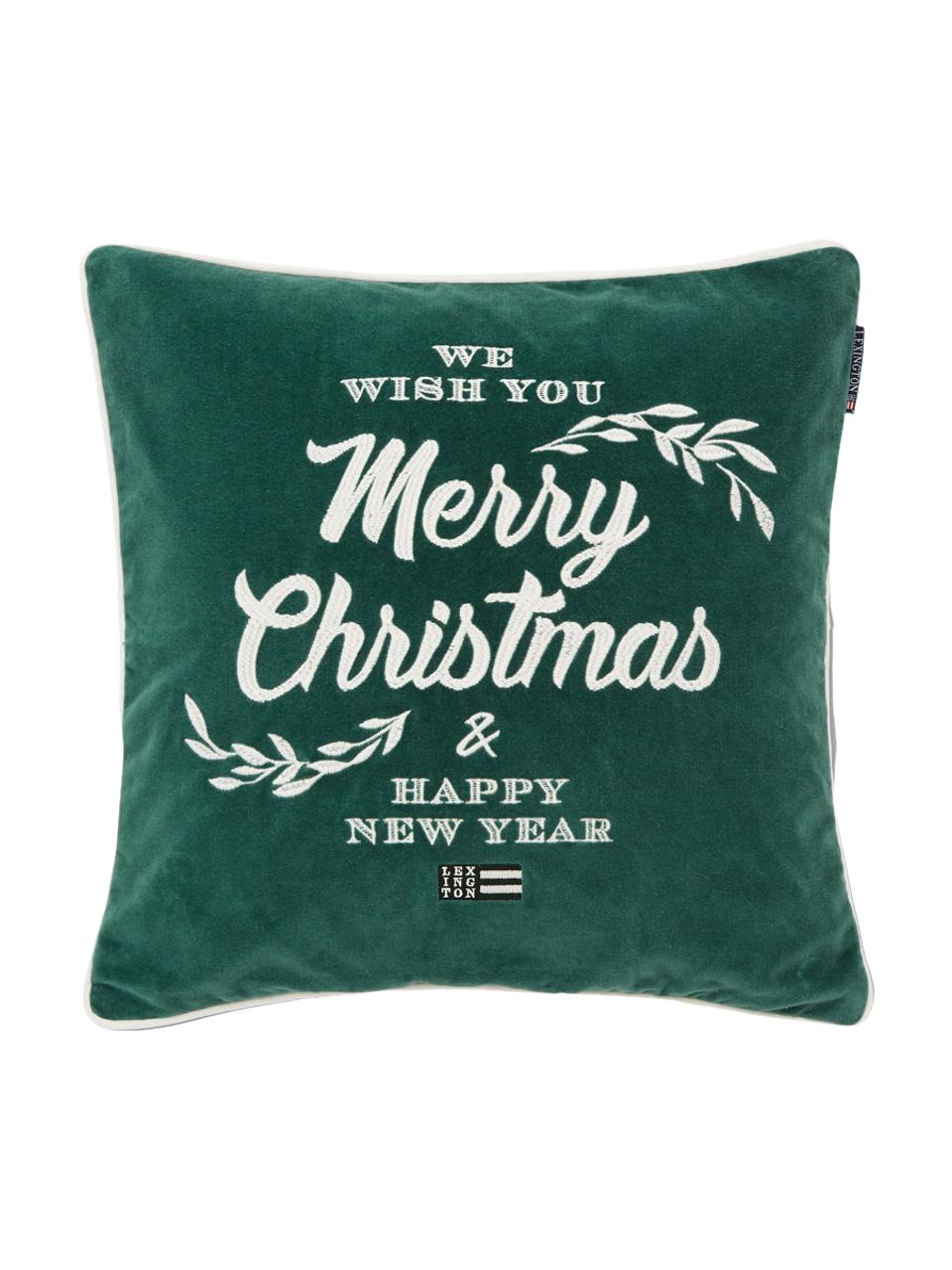 Housse de coussin 50x50 velours Merry Christmas, Blanc, vert