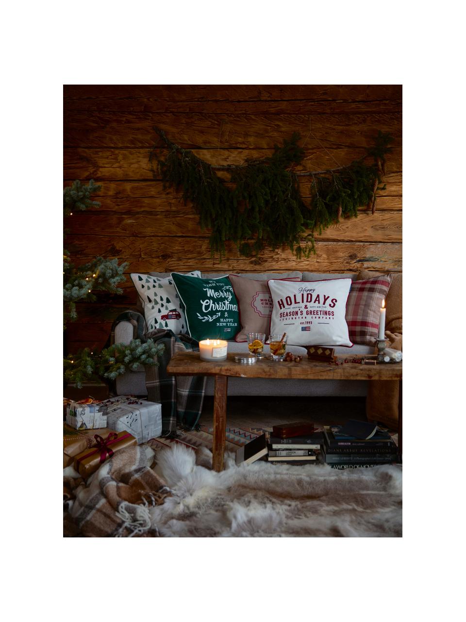 Fluwelen kussenhoes Merry Christmas met opschrift, Katoenfluweel, Wit, groen, 50 x 50 cm