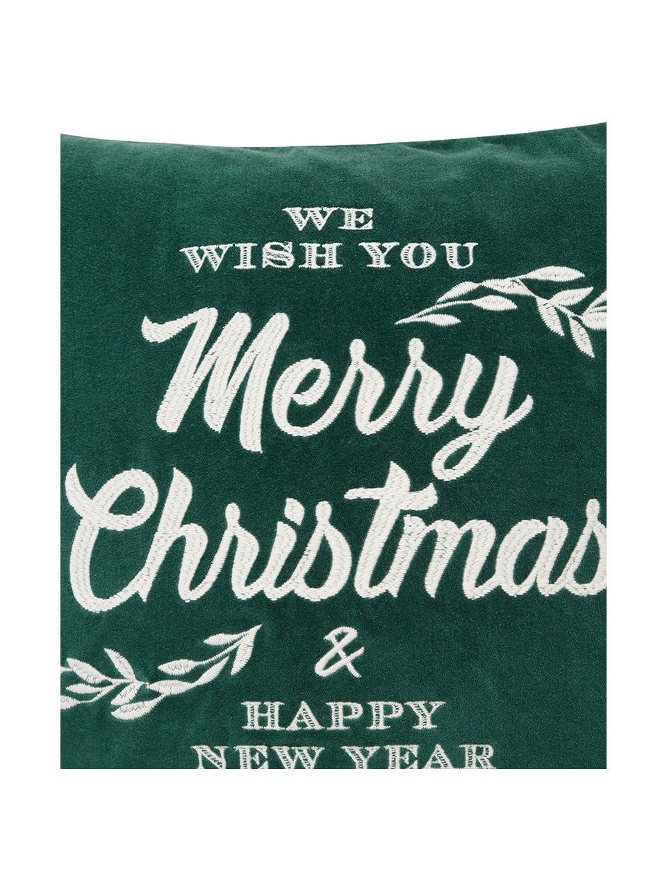 Fluwelen kussenhoes Merry Christmas met opschrift, Katoenfluweel, Wit, groen, 50 x 50 cm