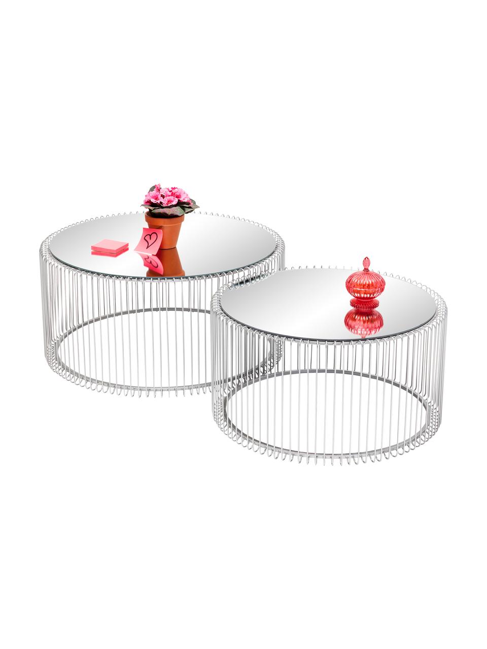 Couchtisch-Set Wire mit Glasplatte, 2-tlg., Gestell: Metall, pulverbeschichtet, Tischplatte: Sicherheitsglas, foliert, Chromfarben, Set mit verschiedenen Größen