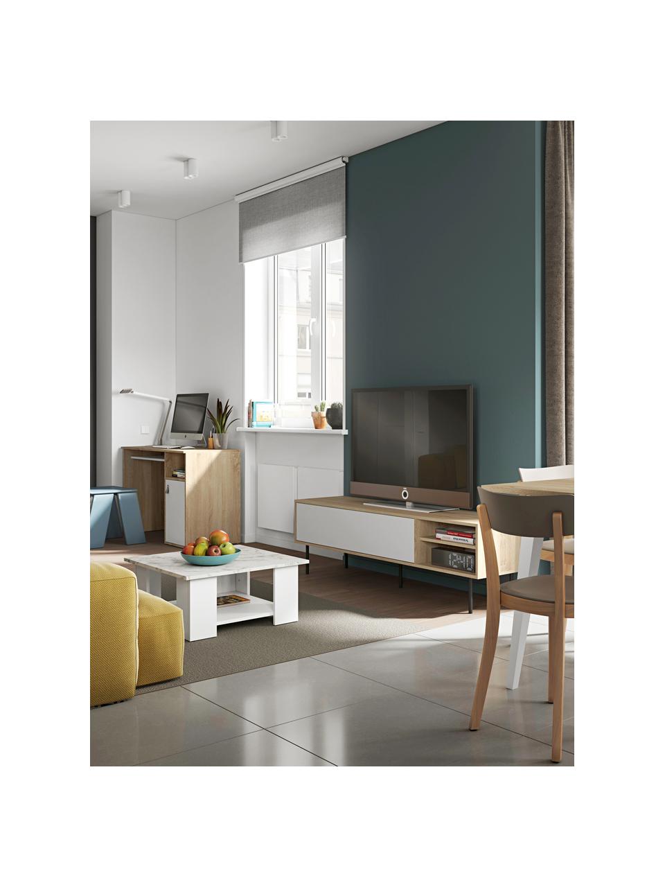 Scandi tv-meubel Ampère, Frame: melamine gecoate spaanpla, Poten: gecoat metaal, Eikenhoutkleurig, wit, zwart, 165 x 40 cm