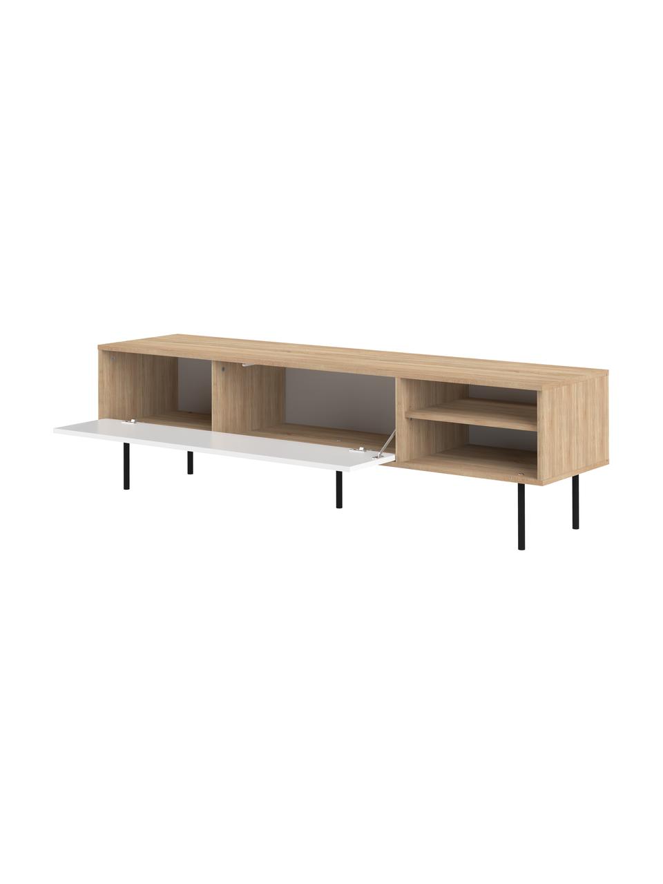 Scandi tv-meubel Ampère, Frame: melamine gecoate spaanpla, Poten: gecoat metaal, Eikenhoutkleurig, wit, zwart, 165 x 40 cm