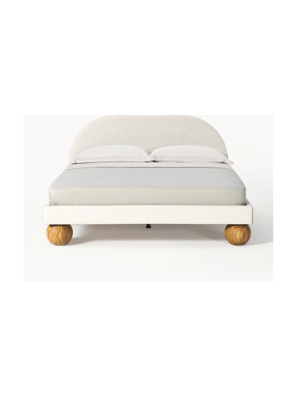 Gestoffeerd bed Rena met bolvormige poten van eikenhout, Bekleding: 100% polypropyleen De hoo, Poten: eikenhout (FSC gecertific, Geweven stof gebroken wit, eikenhout, B 140 x L 200 cm