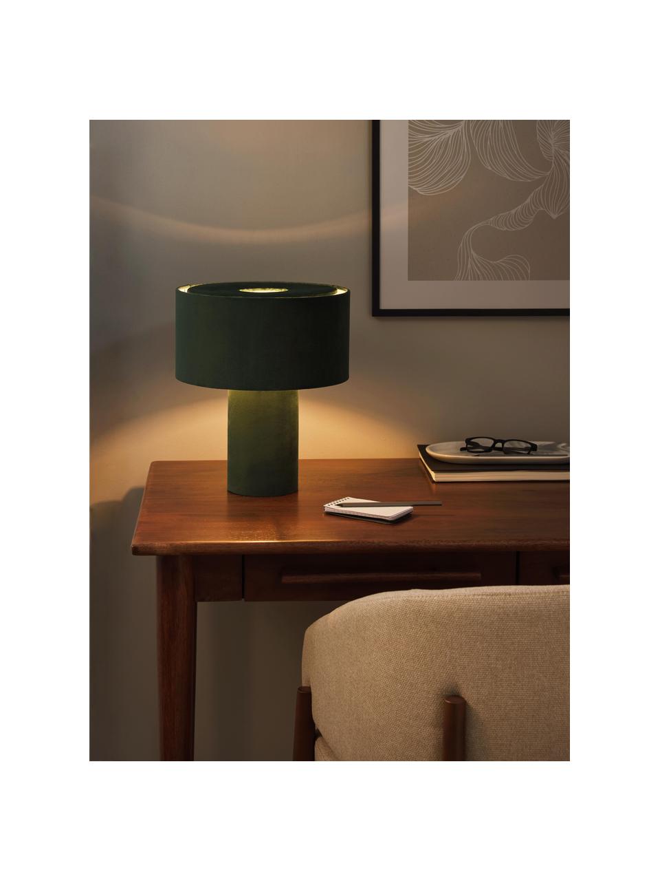 Fluwelen tafellamp Ron, Lampenkap: fluweel (100% polyester), Lampvoet: fluweel (100% polyester), Fluweel donkergroen, Ø 30 x H 35 cm