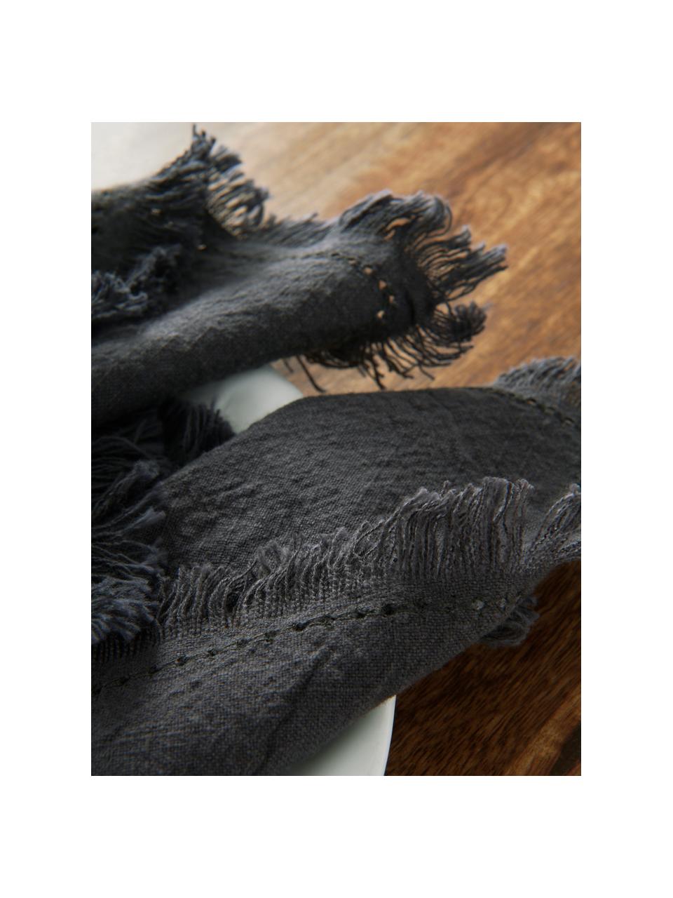 Baumwoll-Servietten Hilma mit Fransen, 2 Stück, 100% Baumwolle, Schwarz, 45 x 45 cm