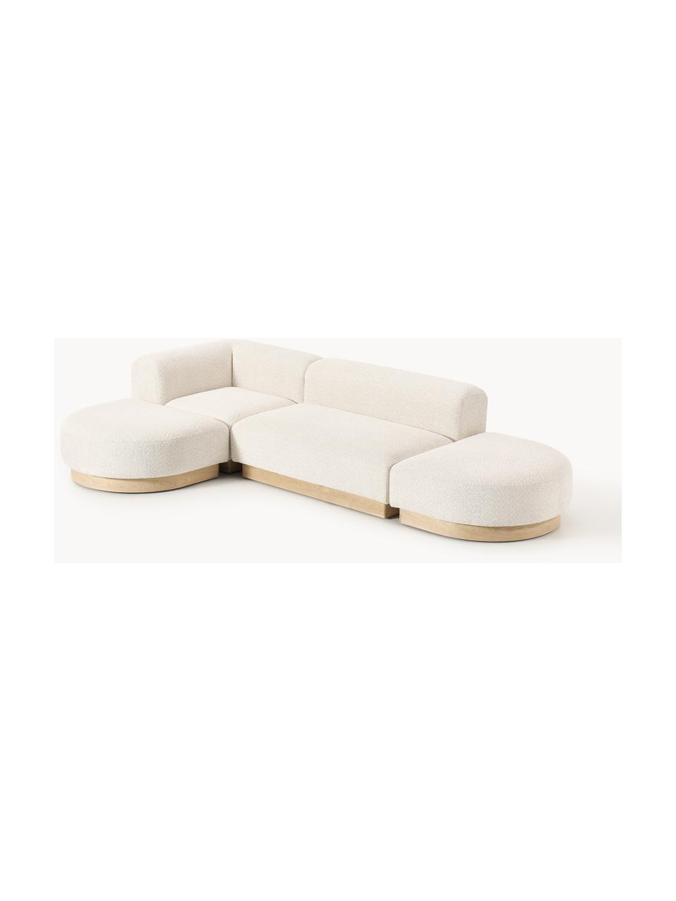 Modulares Ecksofa Natalie aus Teddy-Bouclé, Bezug: Teddy-Bouclé (100 % Polye, Gestell: mitteldichte Holzfaserpla, Sockel: Massives Buchenholz, lack, Teddy-Bouclé Off White, helles Buchenholz, B 337 x T 197 cm, Eckteil links