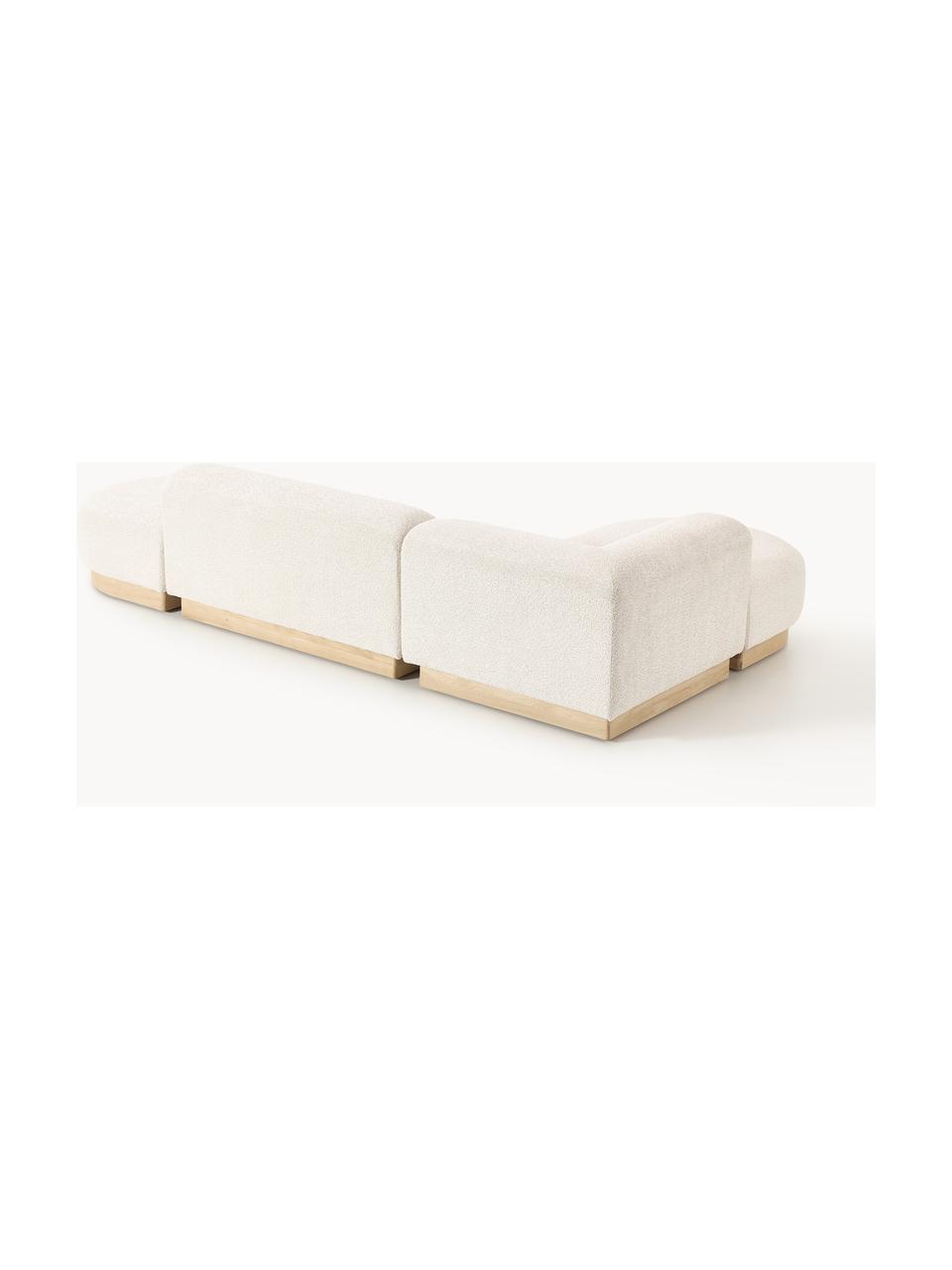 Modulares Ecksofa Natalie aus Teddy-Bouclé, Bezug: Teddy-Bouclé (100 % Polye, Gestell: mitteldichte Holzfaserpla, Sockel: Massives Buchenholz, lack, Teddy-Bouclé Off White, helles Buchenholz, B 337 x T 197 cm, Eckteil links