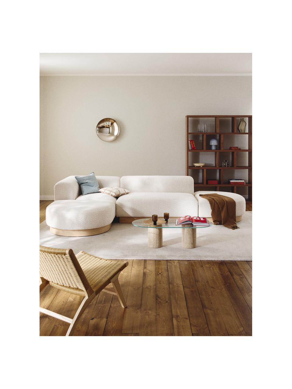 Modulares Ecksofa Natalie aus Teddy-Bouclé, Bezug: Teddy-Bouclé (100 % Polye, Gestell: mitteldichte Holzfaserpla, Sockel: Massives Buchenholz, lack, Teddy-Bouclé Off White, helles Buchenholz, B 337 x T 197 cm, Eckteil links