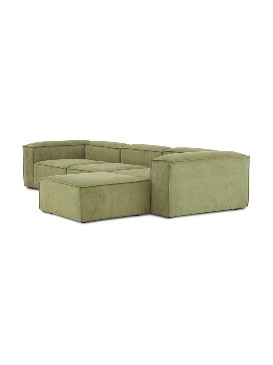 Sofá rinconera modular de pana Lennon (4 plazas), Tapizado: pana (92% poliéster, 8% p, Estructura: madera de pino maciza, ma, Patas: plástico Las patas están , Pana verde, An 327 x F 207 cm
