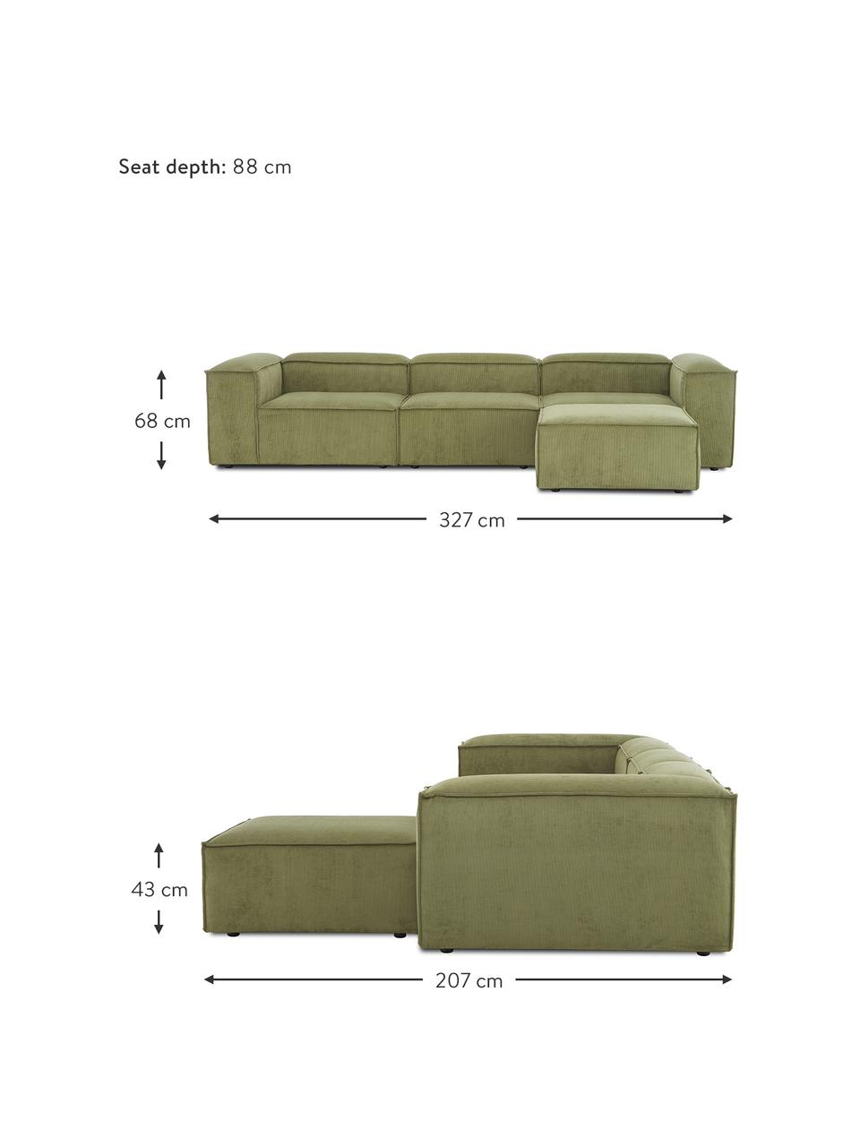 Canapé modulable 4 places velours côtelé avec pouf Lennon, Velours côtelé vert, larg. 327 x prof. 207 cm