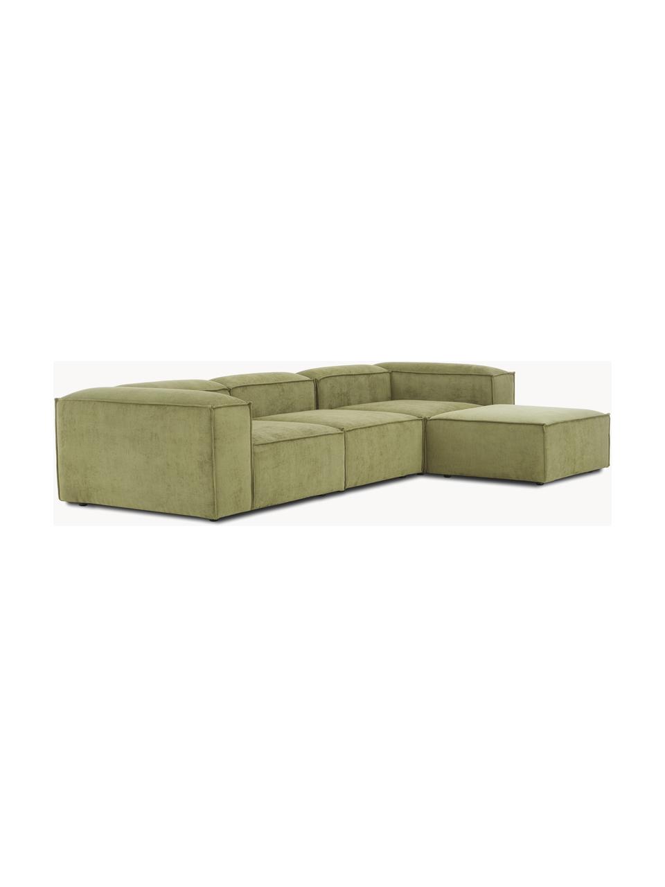 Modulares Sofa Lennon (4-Sitzer) aus Cord mit Hocker, Bezug: Cord (92 % Polyester, 8 %, Gestell: Massives Kiefernholz, Spe, Cord Olivgrün, B 327 x T 207 cm