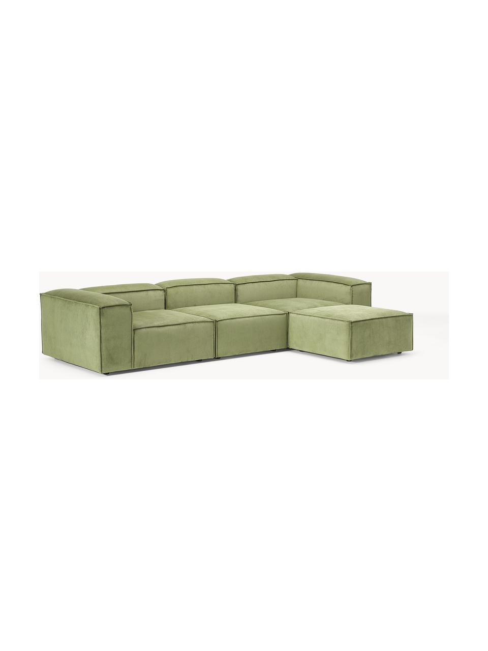 Canapé modulable 4 places en velours côtelé avec pouf Lennon, Velours côtelé vert olive, larg. 327 x prof. 207 cm