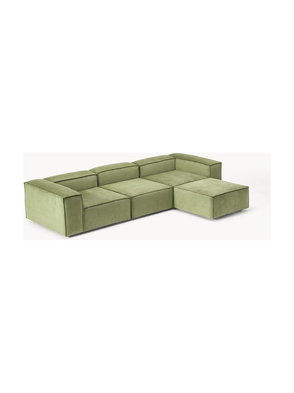 Canapé modulable 4 places en velours côtelé avec pouf Lennon, Velours côtelé vert olive, larg. 327 x prof. 207 cm