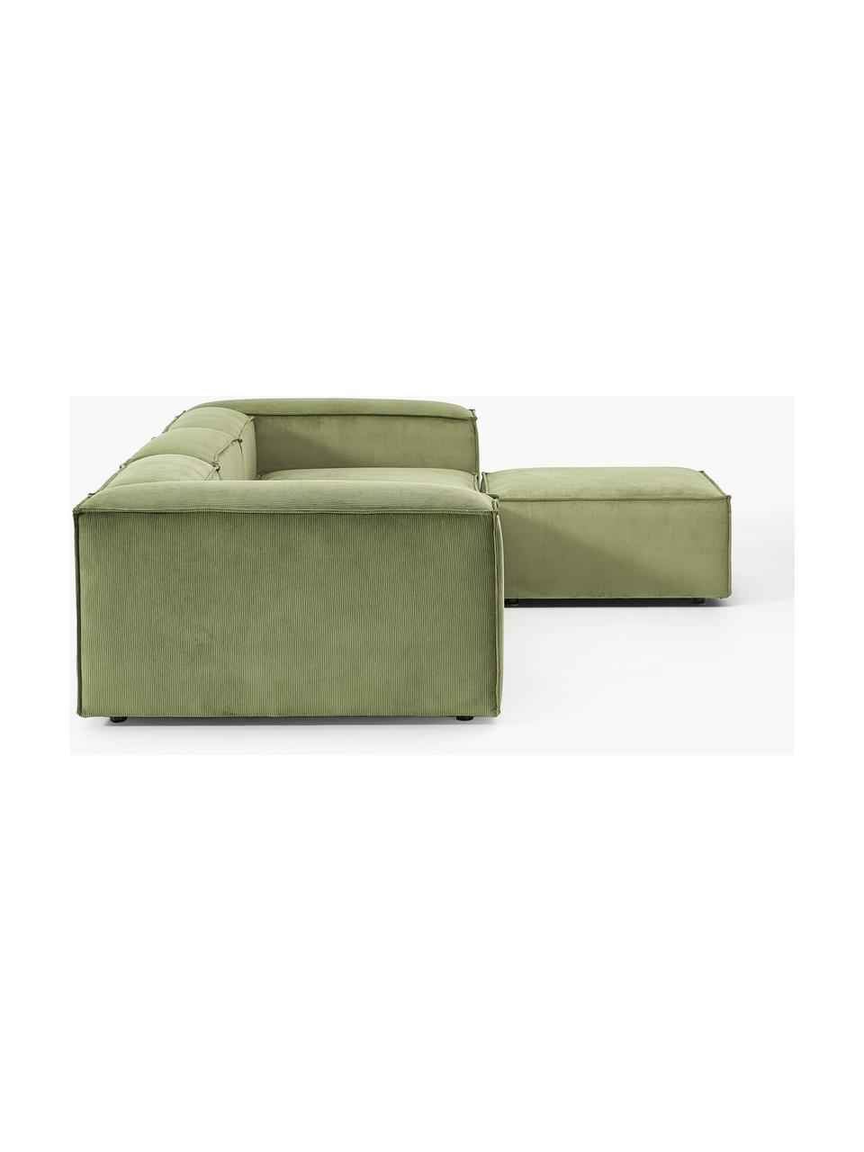 Modulares Sofa Lennon (4-Sitzer) aus Cord mit Hocker, Bezug: Cord (92 % Polyester, 8 %, Gestell: Massives Kiefernholz, Spe, Füße: Kunststoff Dieses Produkt, Cord Olivgrün, B 327 x T 207 cm