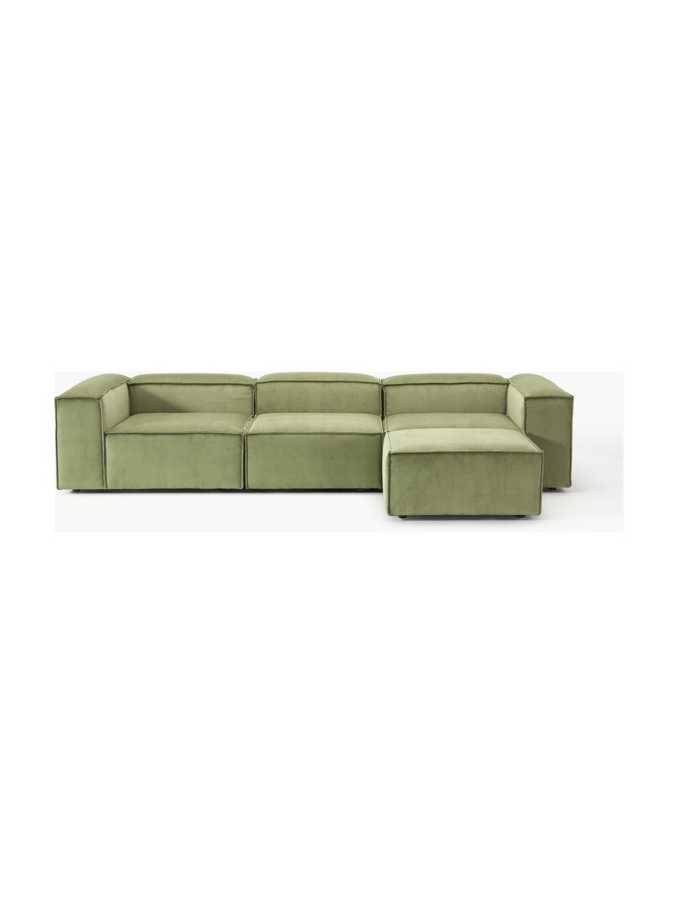 Modulares Sofa Lennon (4-Sitzer) aus Cord mit Hocker, Bezug: Cord (92 % Polyester, 8 %, Gestell: Massives Kiefernholz, Spe, Füße: Kunststoff Dieses Produkt, Cord Olivgrün, B 329 x T 207 cm