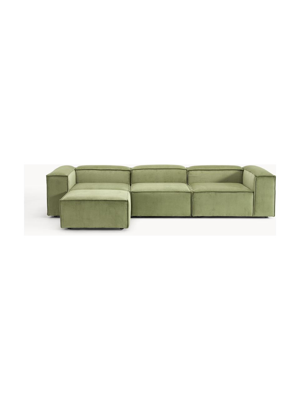 Modulares Sofa Lennon (4-Sitzer) aus Cord mit Hocker (links/rechts), Bezug: Cord (92 % Polyester, 8 %, Gestell: Massives Kiefernholz, Spe, Füße: Kunststoff Dieses Produkt, Cord Olivgrün, B 329 x T 207 cm