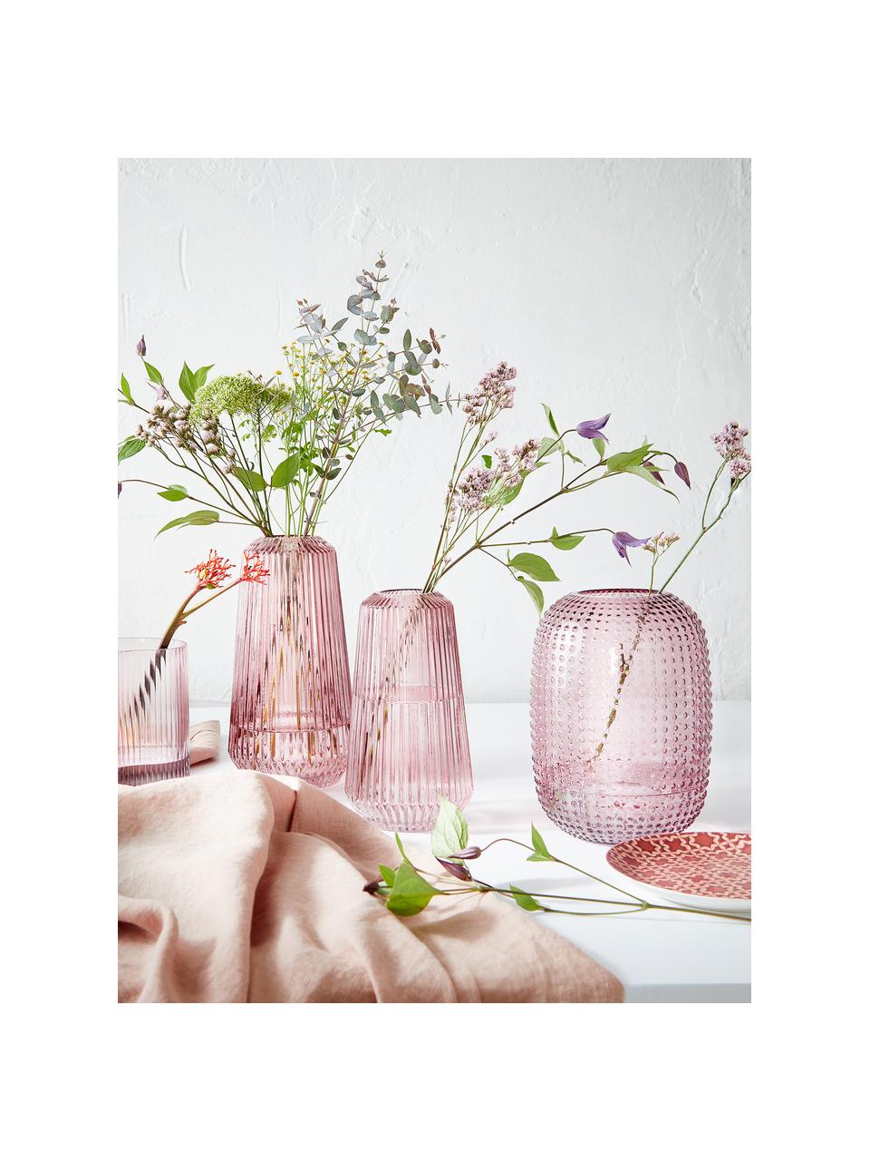 Skleněná váza s drážkami Lily, Sklo, Růžová, transparentní, Ø 14 cm, V 25 cm