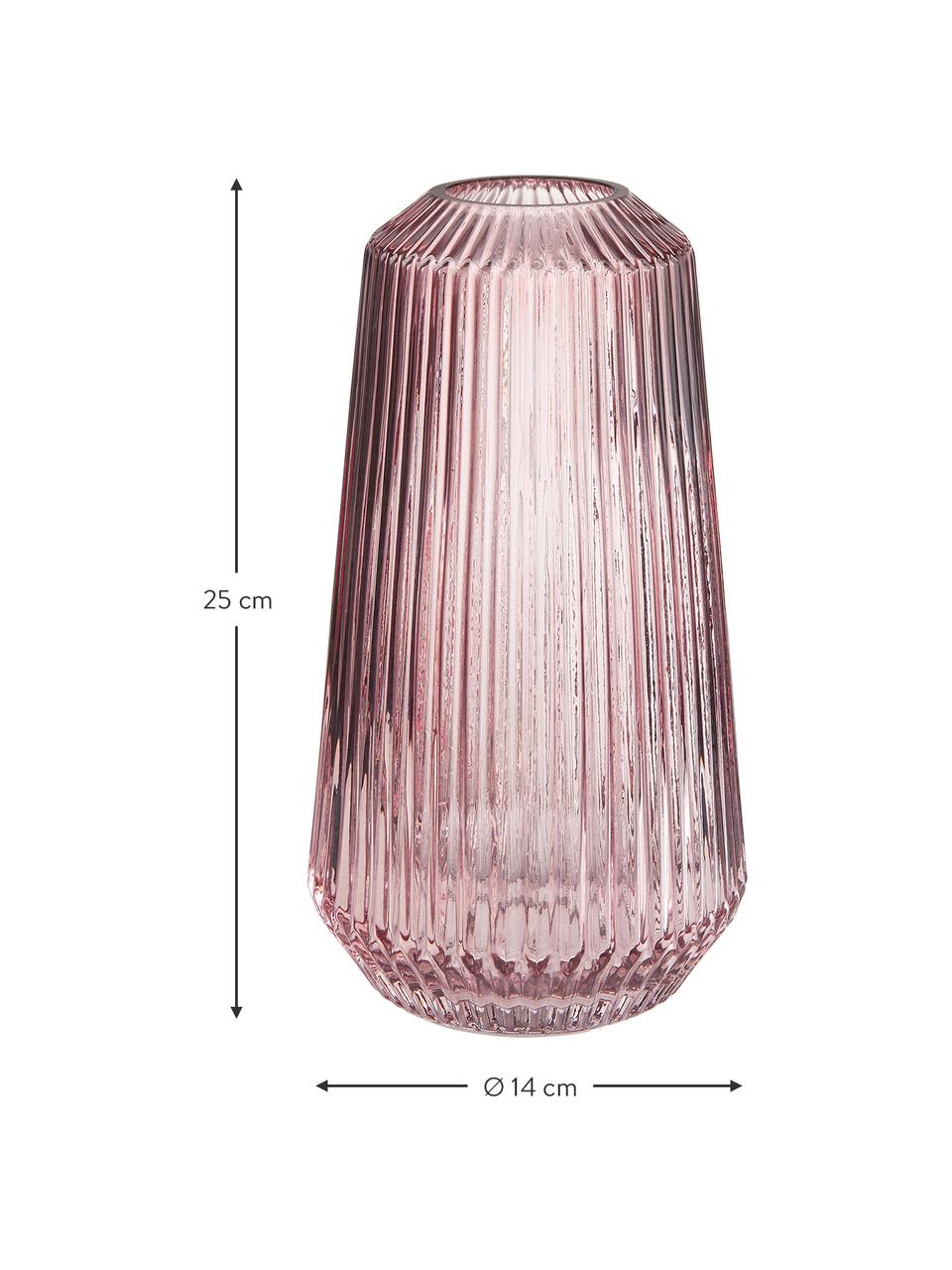 Skleněná váza s drážkami Lily, Sklo, Růžová, transparentní, Ø 14 cm, V 25 cm