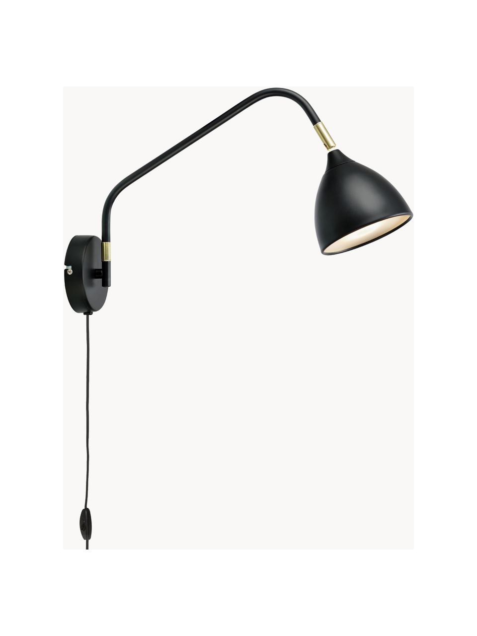 Grote verstelbare wandlamp Valencia met stekker, Lampenkap: gecoat metaal, Diffuser: kunststof, Decoratie: vermessingd metaal, Zwart, D 40 x H 28 cm