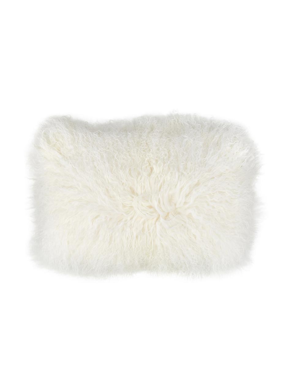 Housse de coussin rectangulaire peau d'agneau à longs poils frisés Ella, Blanc naturel, larg. 30 x long. 50 cm